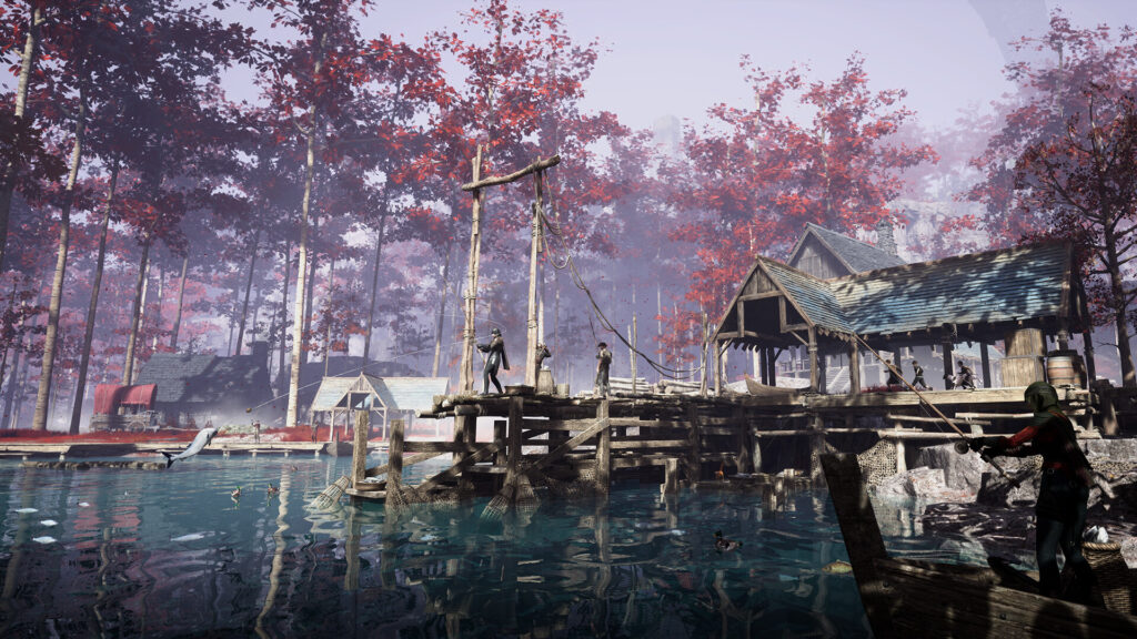 クロノオデッセイの生活コンテンツ。美しい水辺で複数のプレイヤーが並んで釣りを楽しむ様子。