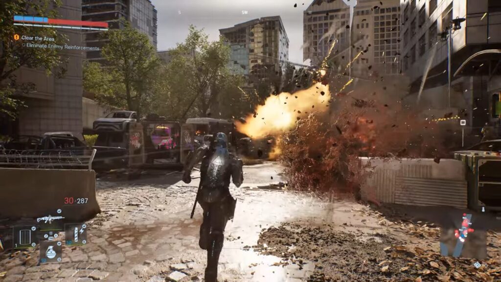 Cinder City（シンダーシティ）の美麗なグラフィック。鮮やかな爆発エフェクトが飛び交う、迫力ある戦闘シーンのビジュアル。