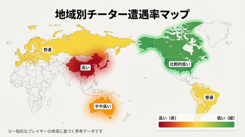 タルコフ地域別チーター遭遇率ヒートマップ - アジア・北米・欧州比較