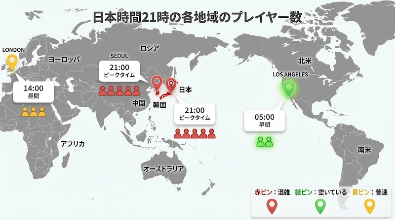 タルコフサーバーの時差とプレイヤー密度を示す世界地図