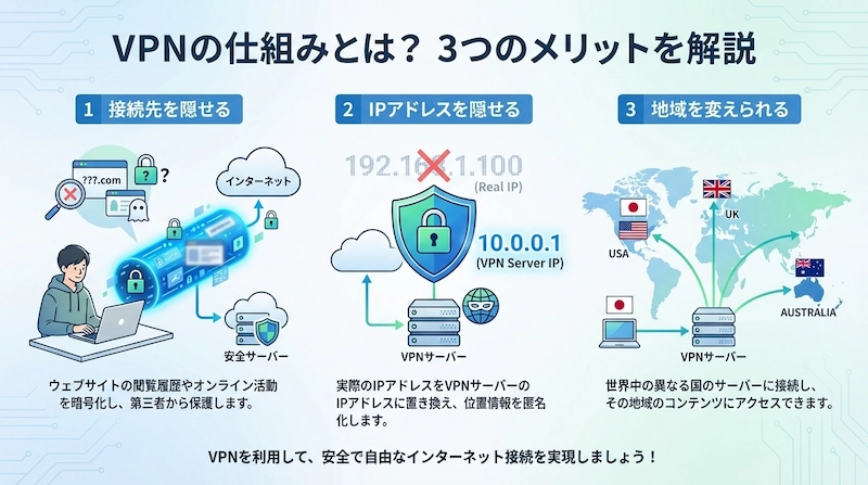 VPNの仕組みを解説するインフォグラフィック。接続先を隠す、IPアドレスを保護、地域を変更する3つの機能を図解